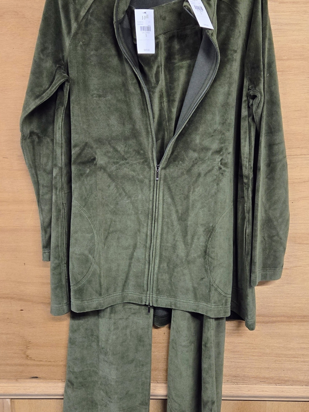 J Jill 2pc Set Velour Olive Green Zip-Front Jacket And Pants